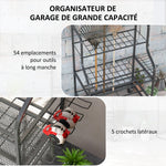Organiseur d'outils de jardin, support à outils de jardin 54 emplacements 5 crochets en acier sur roues 3 niveaux noir