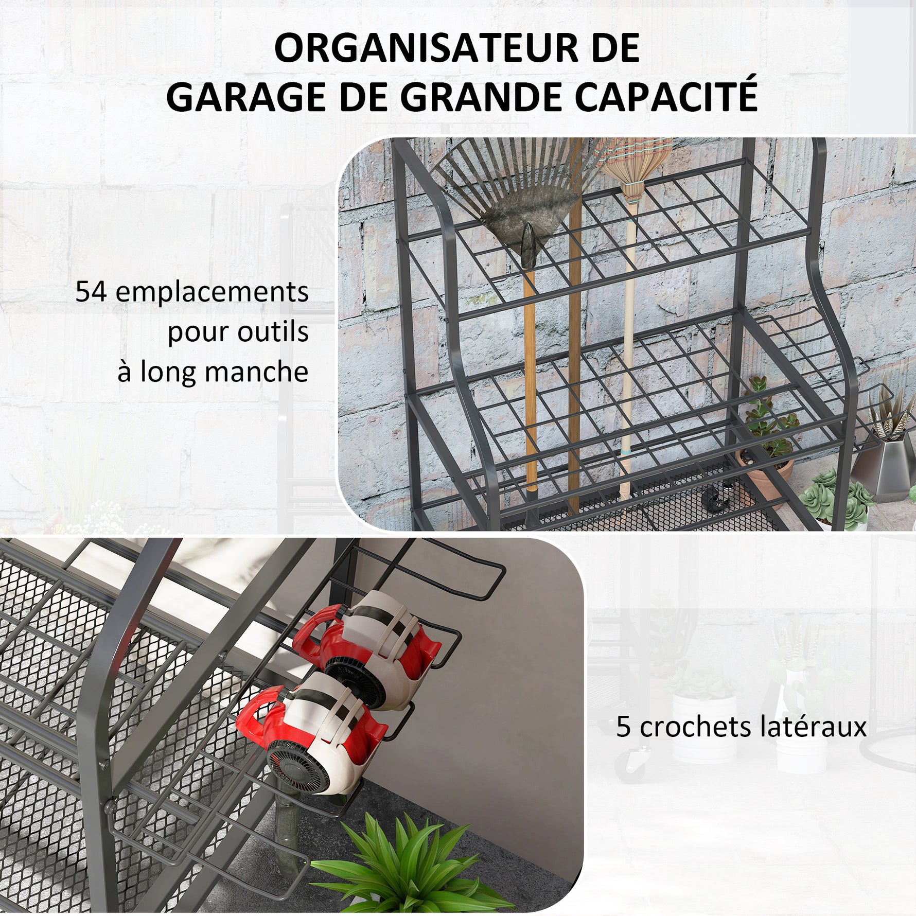 Organiseur d'outils de jardin, support à outils de jardin 54 emplacements 5 crochets en acier sur roues 3 niveaux noir