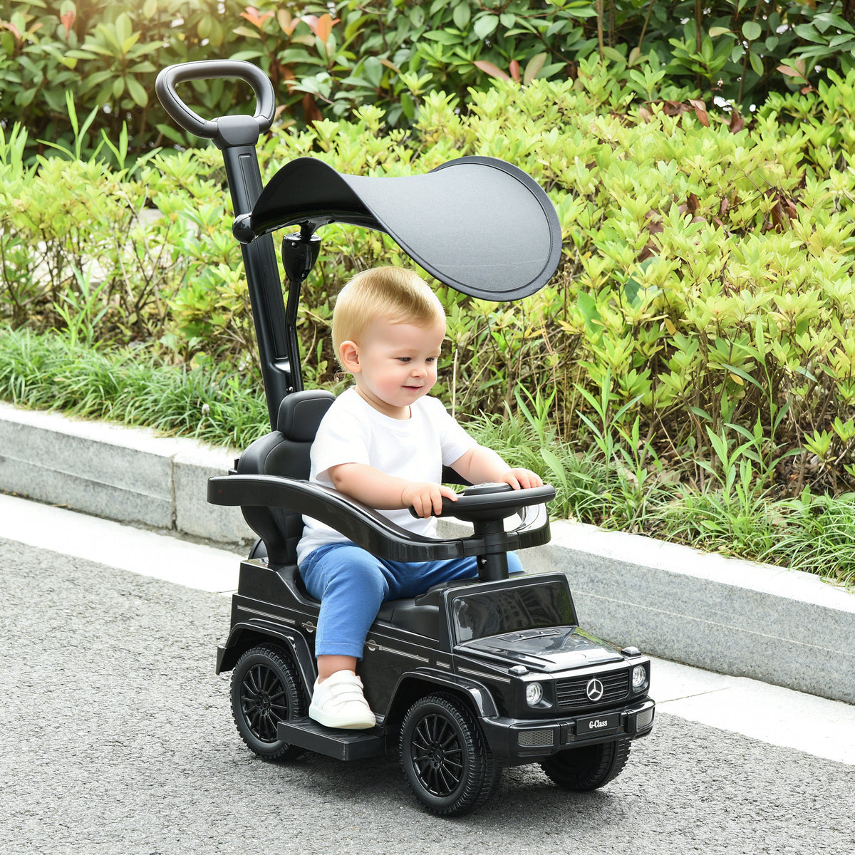 Kinder-Rutschauto, voll ausgestattet, 12-36 Monate, mit Hupe, Fußstützen, Sicherheitsbügel und Sonnenschutz, Schwarz