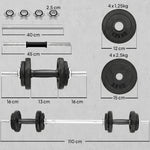 Ensemble d'haltères 2-en-1 20kg poids réglable kit haltères musculation barre d'extension poignée antidérapante noir