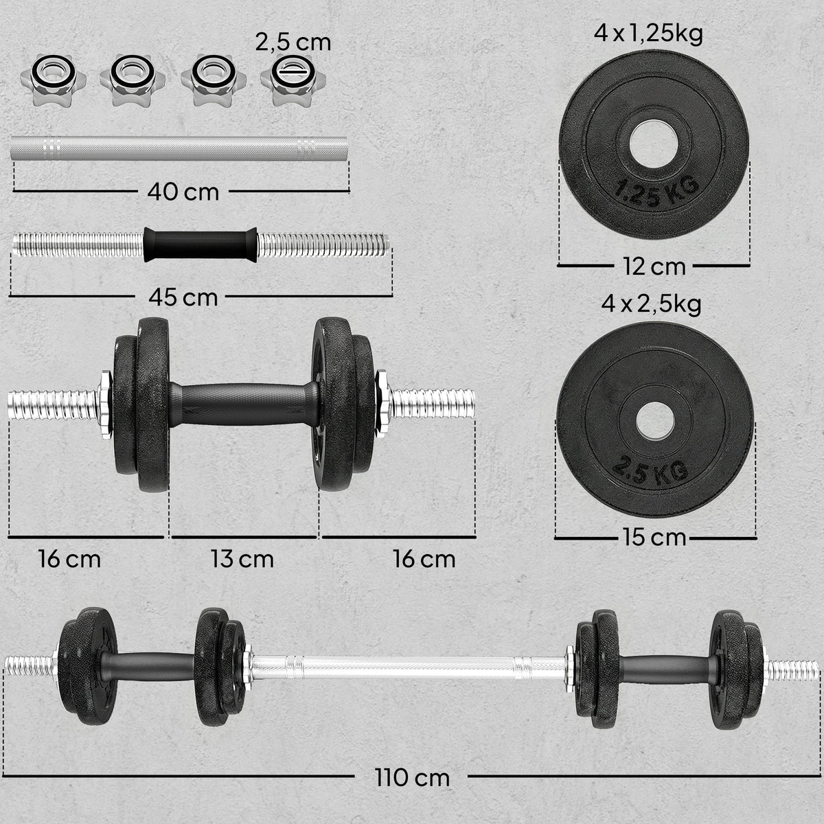 Ensemble d'haltères 2-en-1 20kg poids réglable kit haltères musculation barre d'extension poignée antidérapante noir