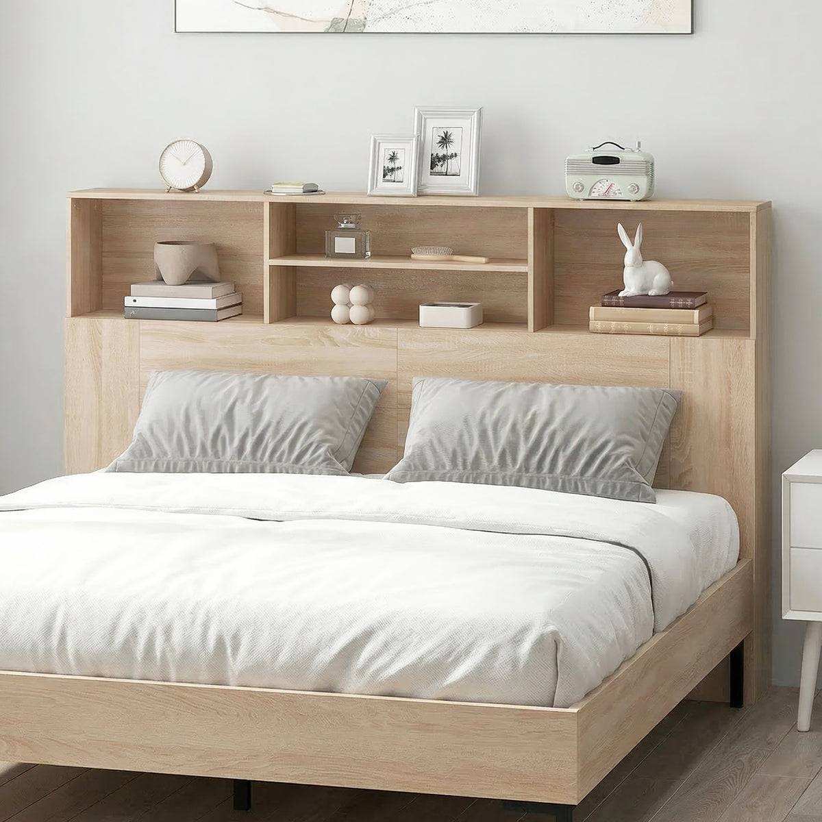 Tête de lit sur pied avec rangements, accessoire de lit 4 compartiments ouverts, 160 x 20,2 x 108,2 cm, bois naturel