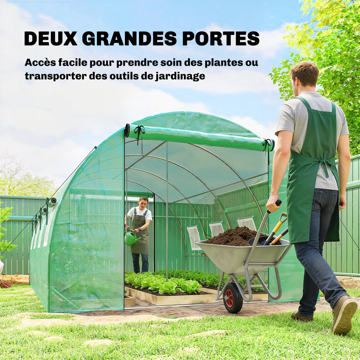 Serre tunnel de jardin 12m², serre de jardin tunnel 295x400x200cm 2 portes et 8 fenêtres bâche PE 140 g/m² vert