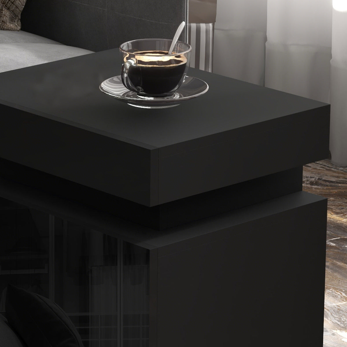 Comodino tavolino da notte con luce LED RGB, pannello lucido con 2 cassetti per soggiorno camera da letto nero