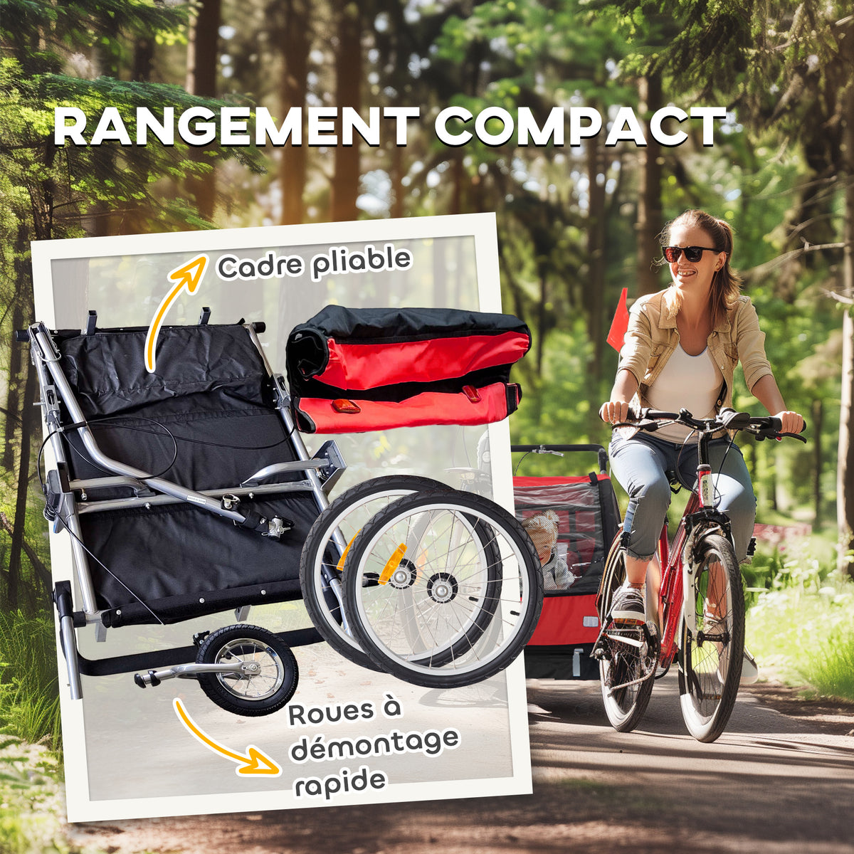 Remorque vélo enfant 2 en 1 avec ceinture de sécurité 5 points, réflecteurs, drapeau et rideau coupe-vent, rouge