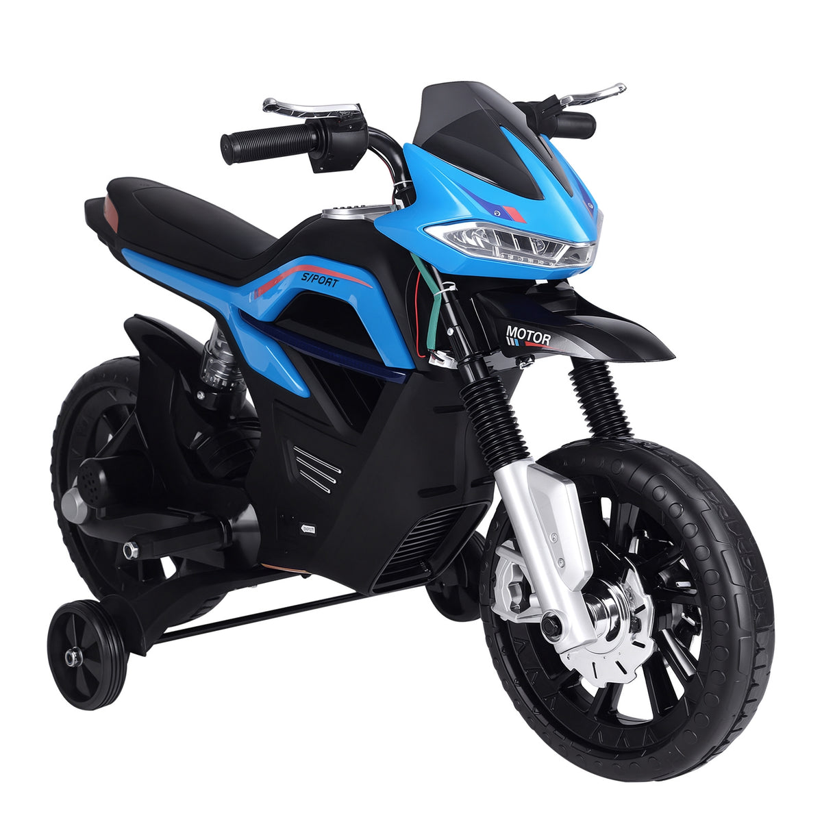 Moto elettrica per bambini 3-6 anni 25 W 6 V 3 km/h con luci e suoni, rotelle rimovibili, carico max 30 kg, blu