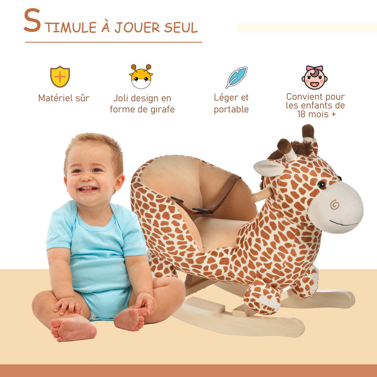 Jouet à Bascule modèle girafon Ceinture de sécurité Fonction Musicale 32 Pistes pour Enfant 18+Mois Marron Beige