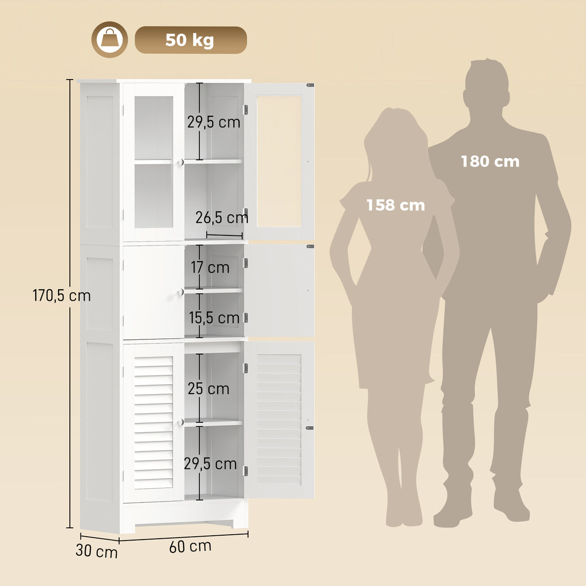 Meuble de salle de bain haut, meuble de rangement avec 6 portes dont 2 vitrées et 2 persiennes, étagère réglable, blanc