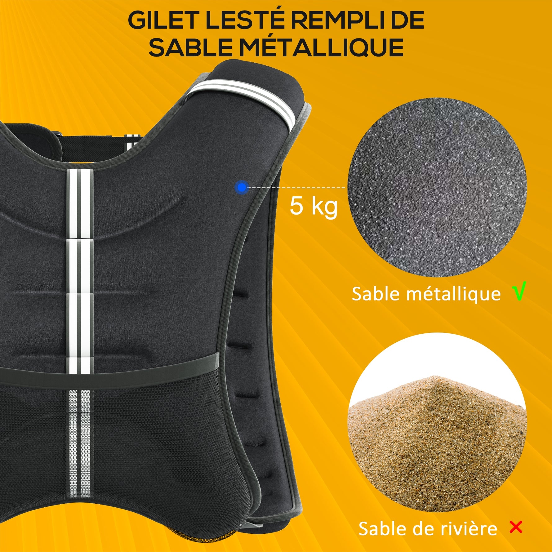 Gilet lesté de 5 kg, veste lestée, pour homme et femme, avec poche de rangement, tissu Oxford, sable métallique, noir