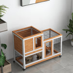 Clapier Lapin Intérieur sur Roulettes 2 Niveaux, Enclos, Rampe, 2 Portes Verrouillables, 2 Plateaux, 110x50x88cm, Jaune