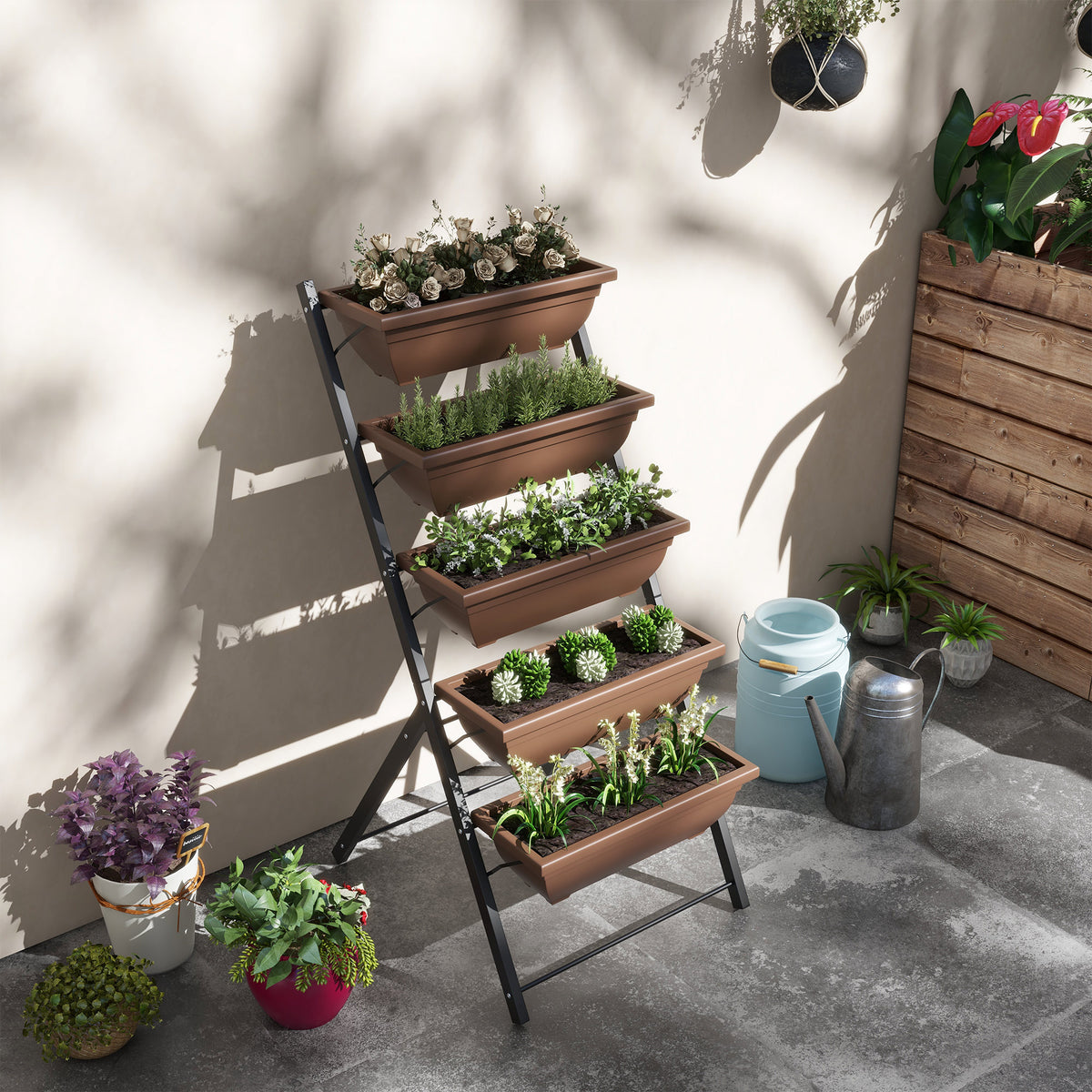 Jardinière surélevée avec étages jardinière verticale avec 5 bacs à fleurs trous de drainage cadre en acier marron