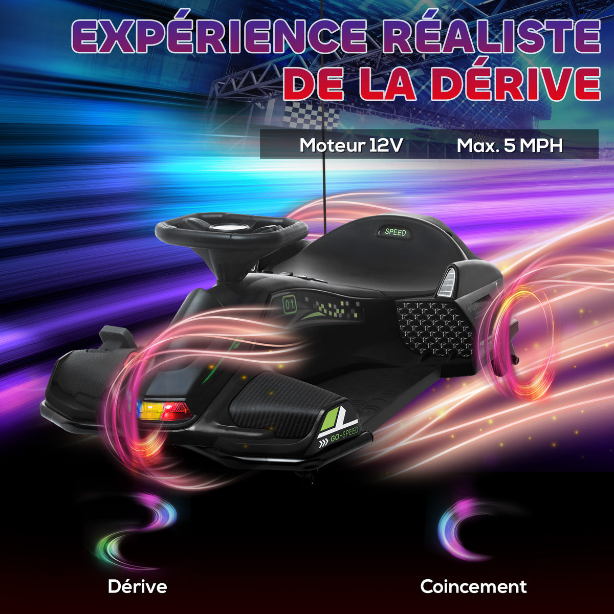 Kart électrique pour enfant 12V, karting enfant, vitesse réglable 3-8 km/h, mode de dérive, 90 x 53 x 99 cm, noir