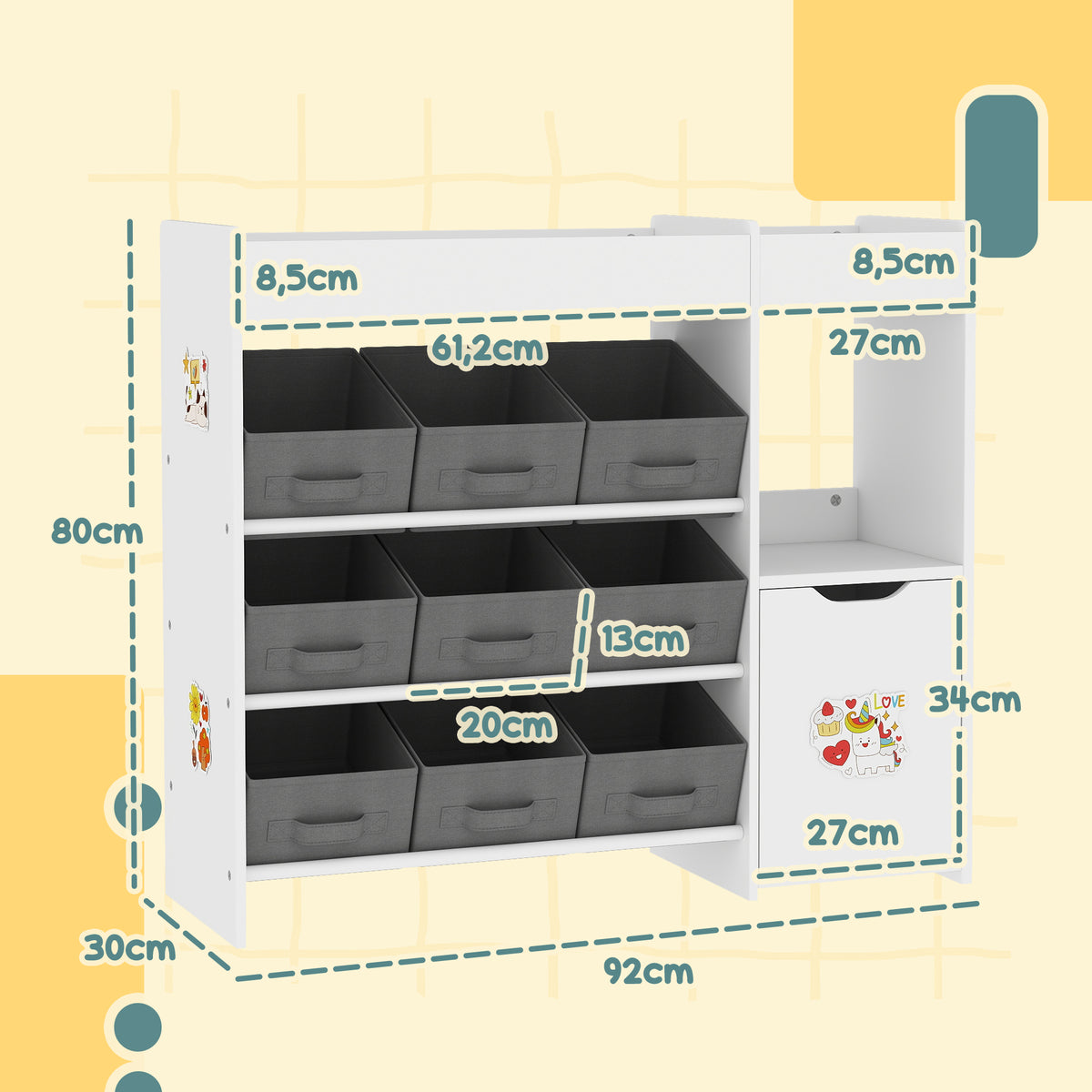 Meuble rangement enfant étagère de rangement pour jouets enfants avec 9 tiroirs en tissu et placard, blanc