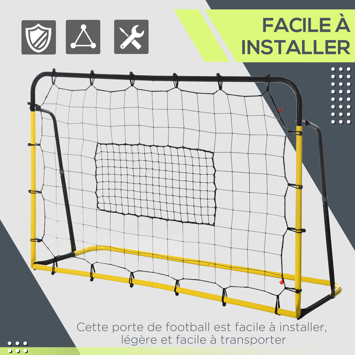 Filet de rebond de football, 184L x 123H cm, rebondisseur de football, 5 angles réglables de 60° à 90°,  jaune et noir