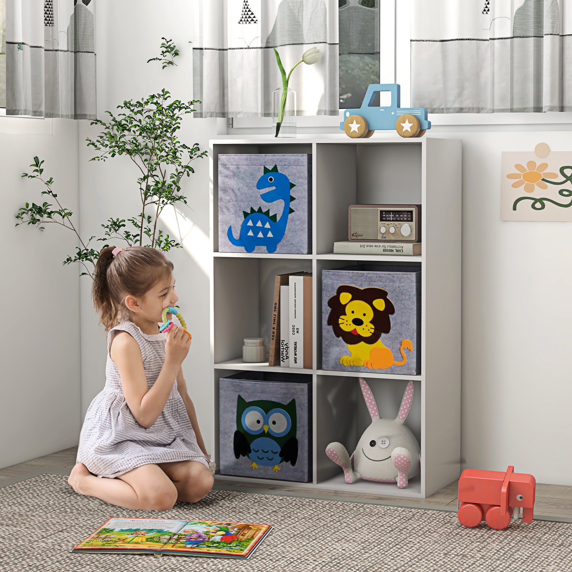 Meuble étagère bibliothèque 6 cases 3 cubes paniers en tissu motif animaux pour chambre enfant 62 x 30 x 91,5 cm blanc