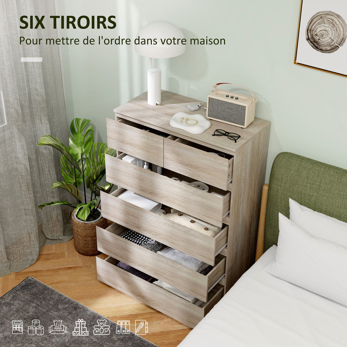 Commode 6 tiroirs meuble de rangement sans poignées design minimaliste 80 x 39 x 115 cm bois naturel