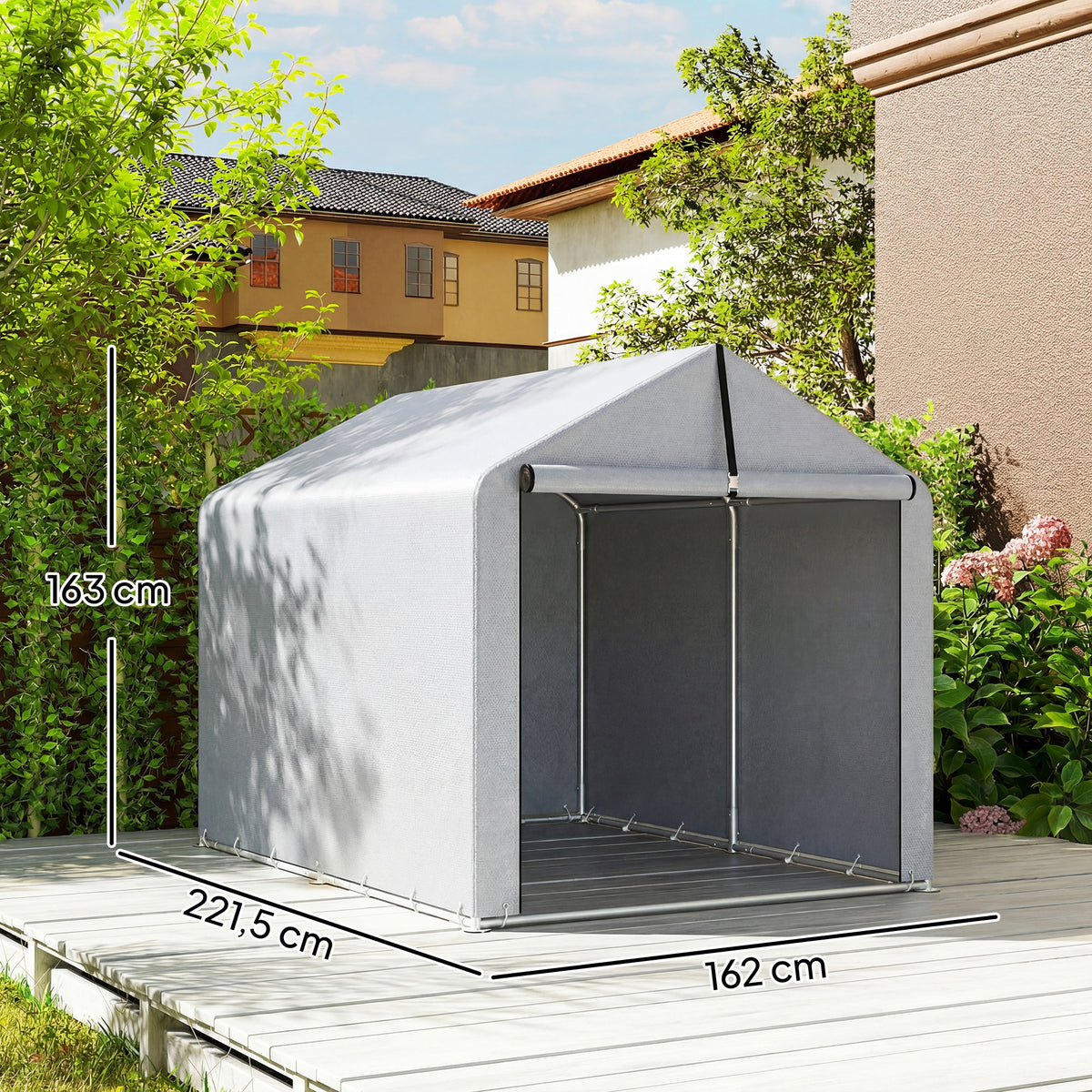Abri de jardin tente de stockage imperméable abri moto porte enroulable, pour vélo moto 162 x 221,5 x 163 cm, gris clair