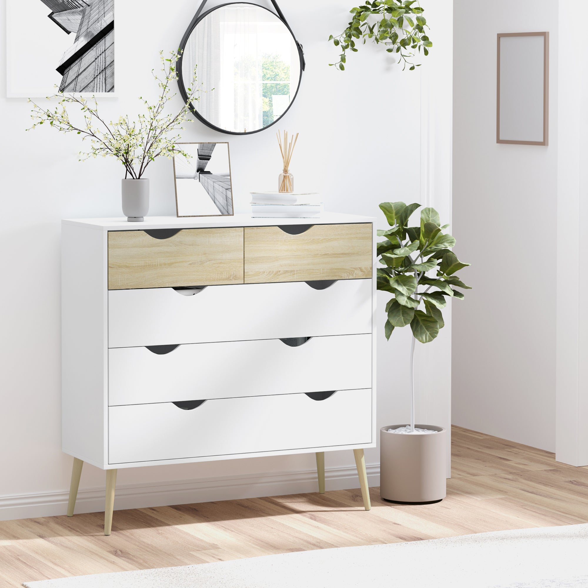 Kommode mit 5 Schubladen, skandinavisches Design, Schlafzimmer-Aufbewahrungsmöbel, Spanplatte, 99 x 39 x 101 cm, Weiß, helle Eichenoptik