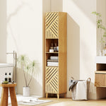 Armoire salle de bain, meuble de rangement colonne, portes en bambou, étagères réglables, 32x30x170cm, bois naturel