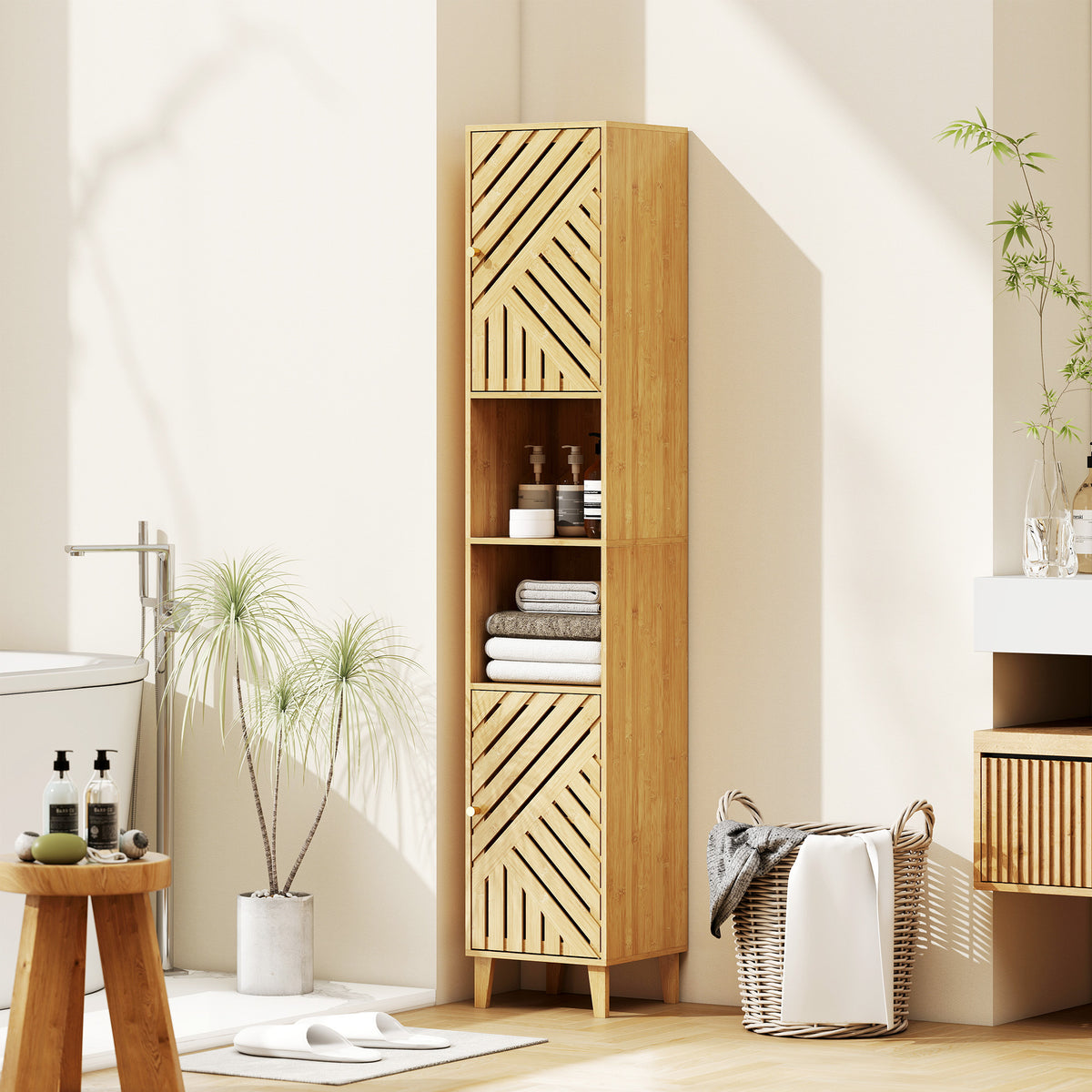 Armoire salle de bain, meuble de rangement colonne, portes en bambou, étagères réglables, 32x30x170cm, bois naturel