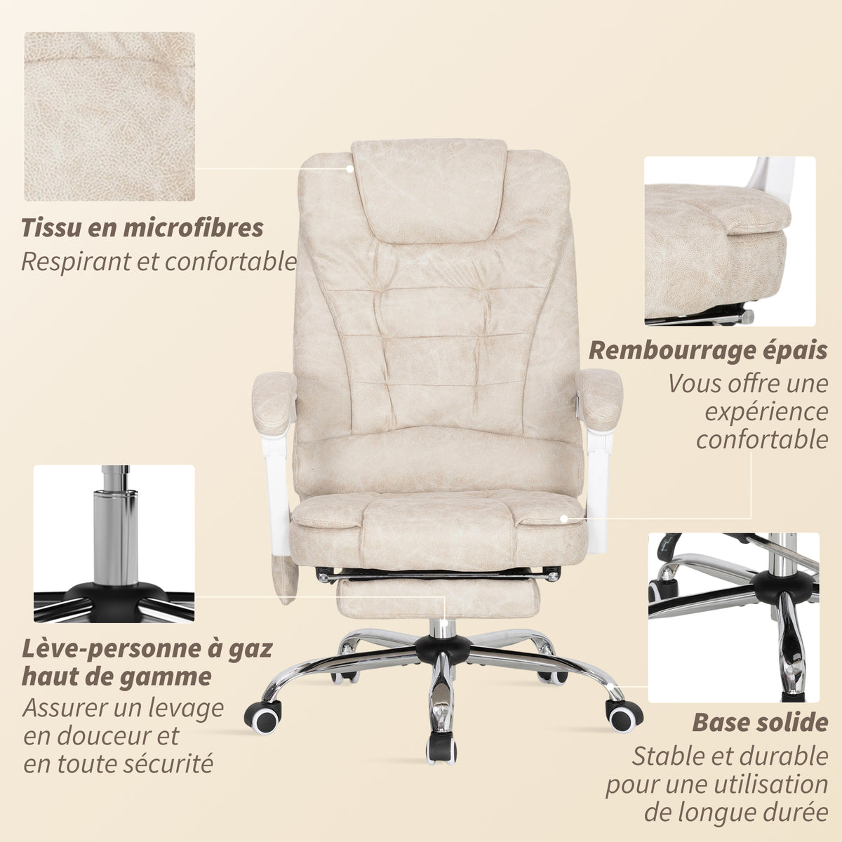 Fauteuil de bureau massant et chauffant, chaise de bureau, hauteur réglable, dossier inclinable, 65x70x111-119cm, crème