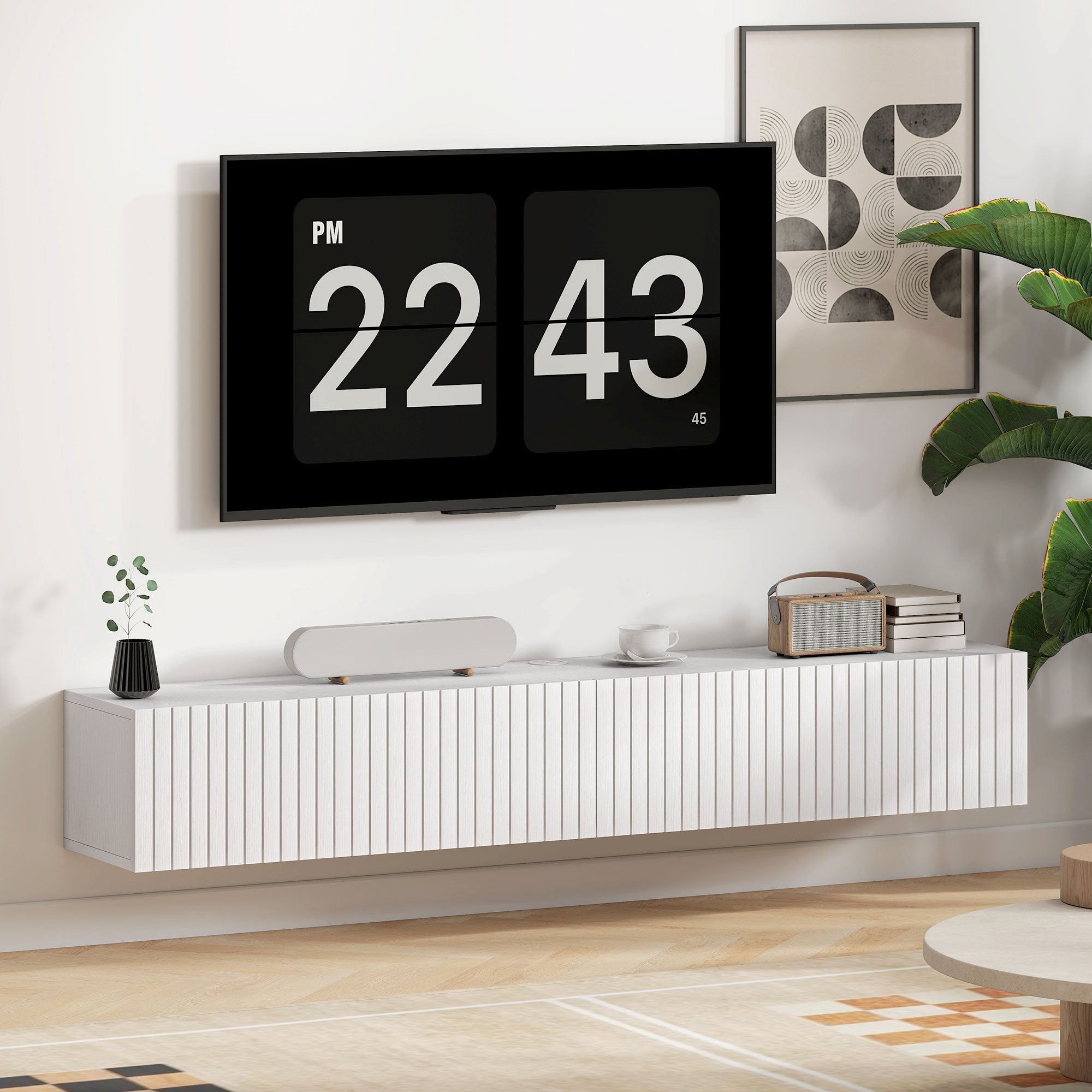 Meuble TV suspendu 140cm, meuble télé pour téléviseur 72 pouces, 2 portes rabattables, 140x25x22cm, blanc