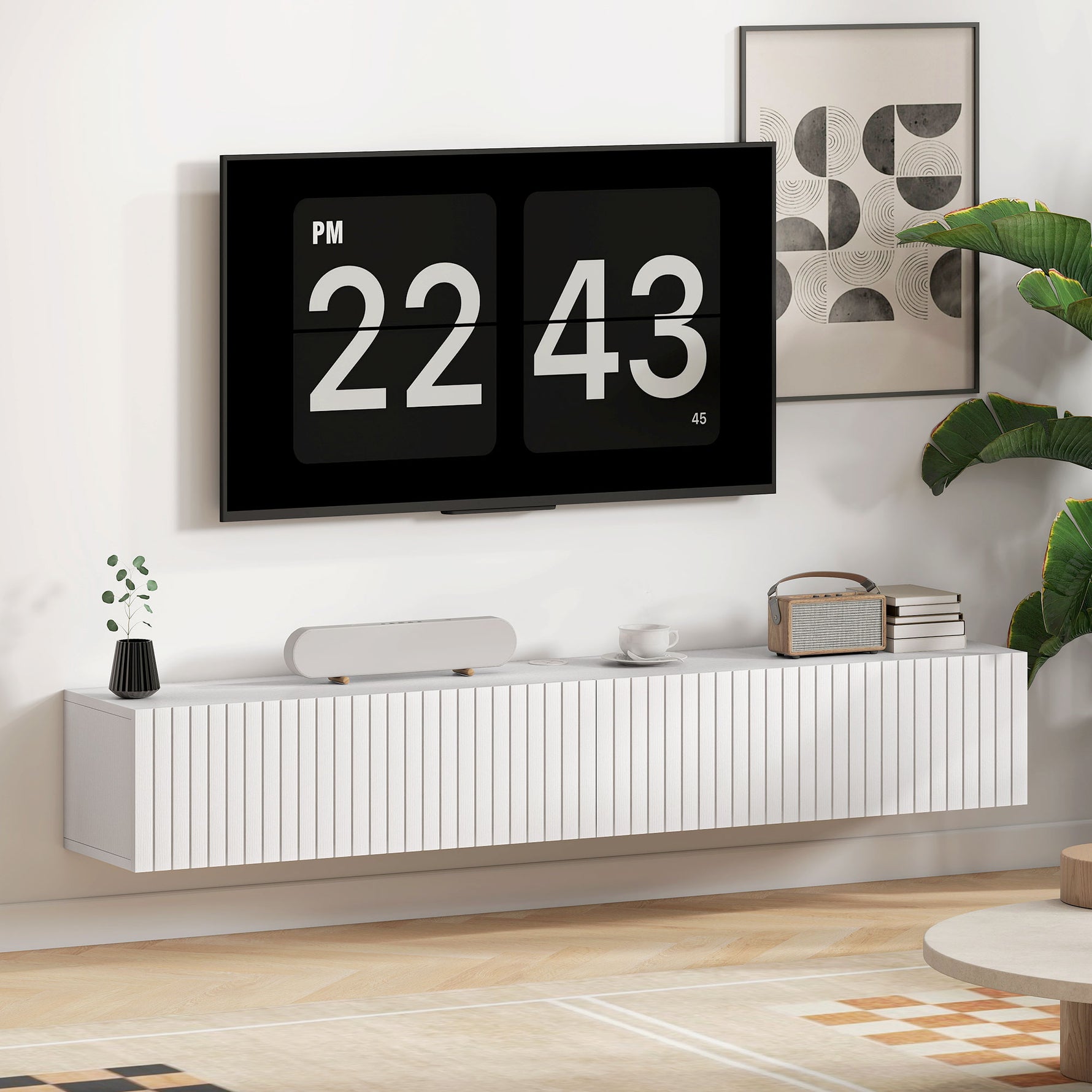 Meuble TV suspendu 140cm, meuble télé pour téléviseur 72 pouces, 2 portes rabattables, 140x25x22cm, blanc