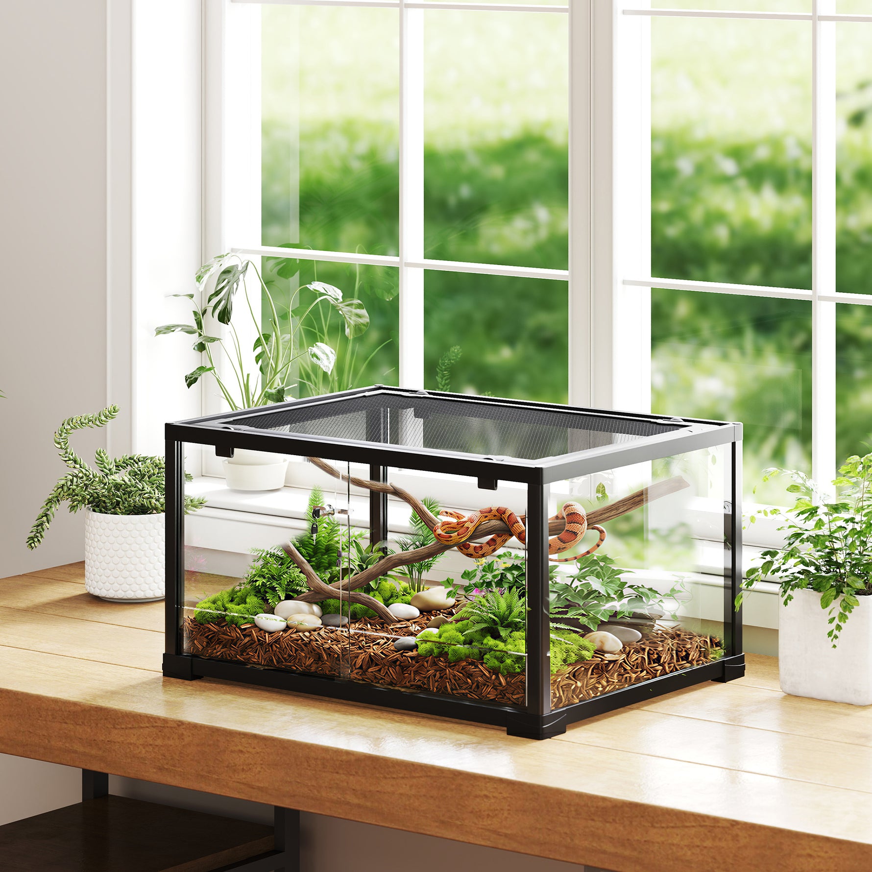 Terrarium en verre pour reptile enclos pour hamster 86 L ventilation supérieure porte coulissante 50,8x30,5x35,6cm noir