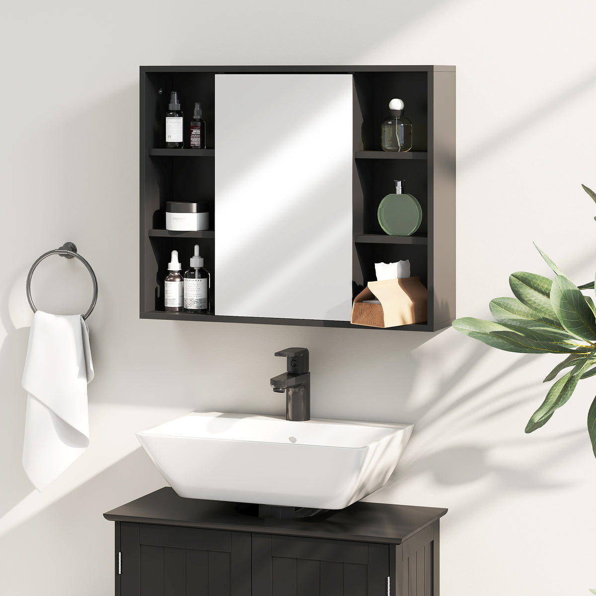 Meuble salle de bain avec miroir, placard à portes et 6 compartiments ouverts, 60 x 14,5 x 49,4 cm, noir