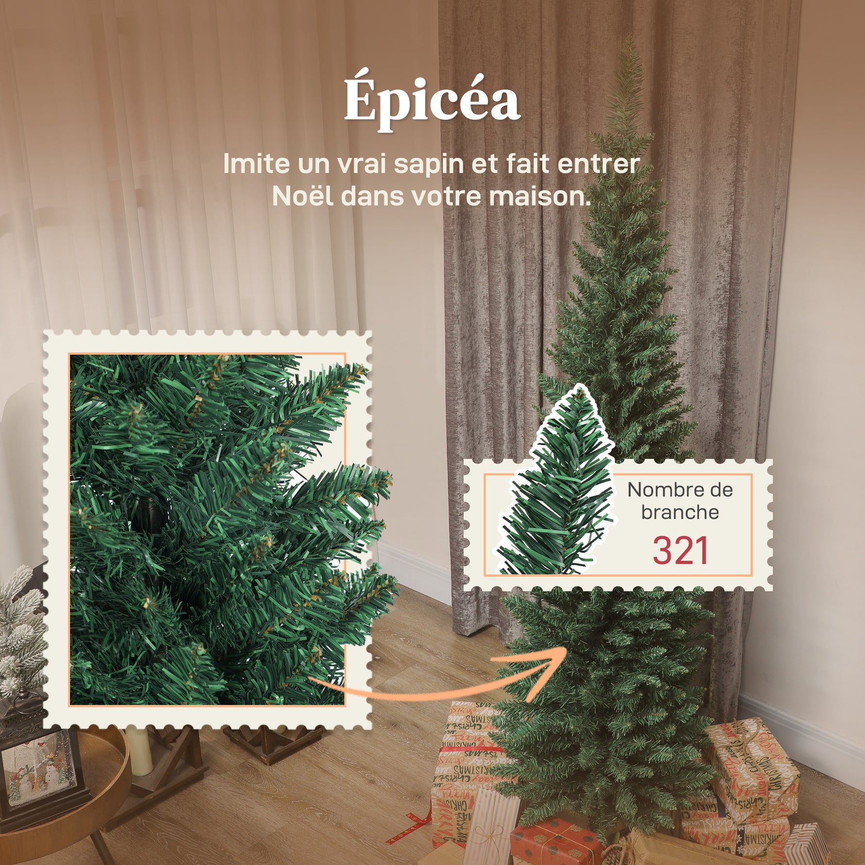 Sapin de Noël artificiel 180 cm, arbre de Noël slim, 321 pointes, facile à monter et ranger, pour maison bureau, vert