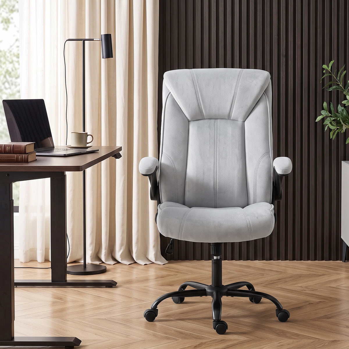 Silla de oficina ergonómica de tela de franela, altura ajustable, reclinable, reposabrazos abatibles, 66x77x122 cm, gris claro