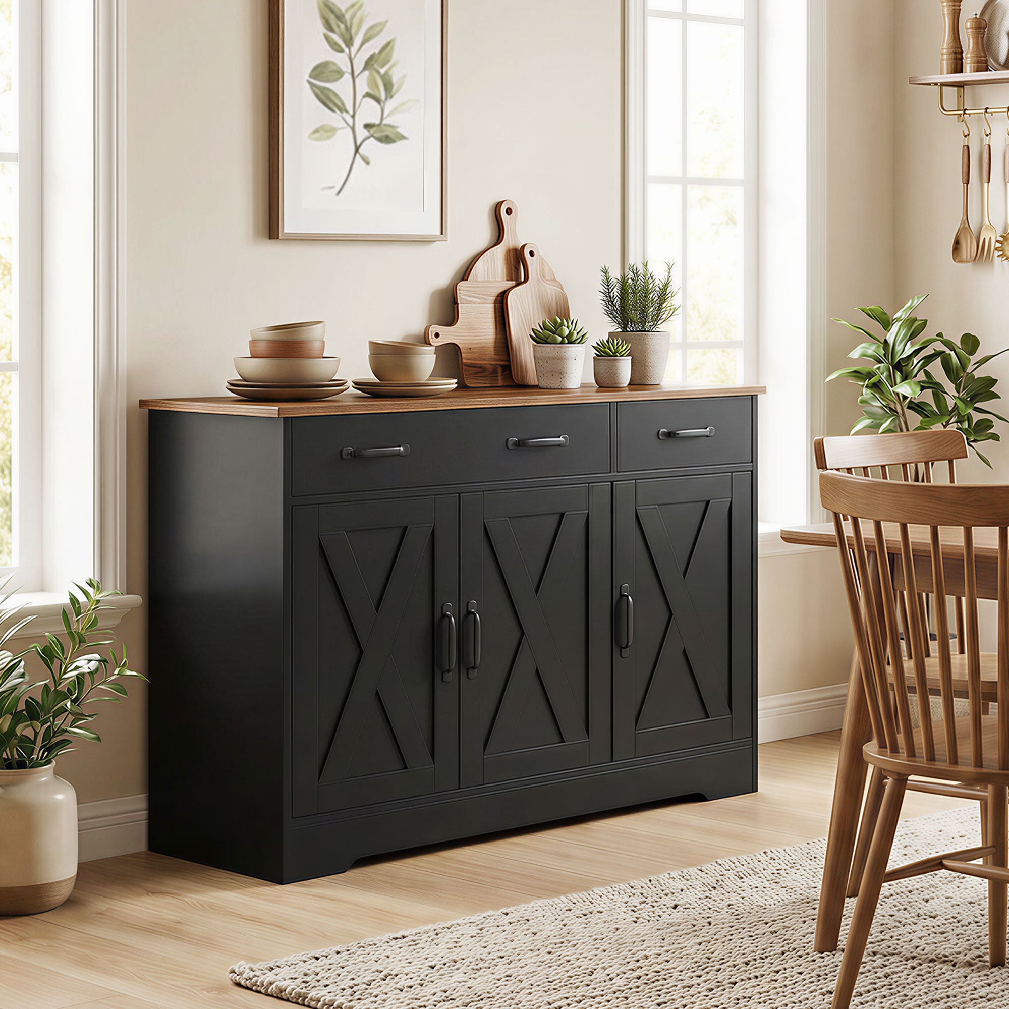 Küchenbuffet, Aufbewahrungsschrank mit 3 Stalltüren, 2 Schubladen und verstellbaren Einlegeböden, 108 x 40 x 81 cm, schwarz