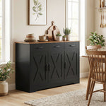 Aparador de cocina, mueble de almacenamiento con 3 puertas de granero, 2 cajones y estantes ajustables, 108 x 40 x 81 cm, negro