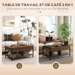 Table basse relevable table de salon compartiment caché 2 étagères inférieures 100 x 80 x 60 cm marron rustique noir