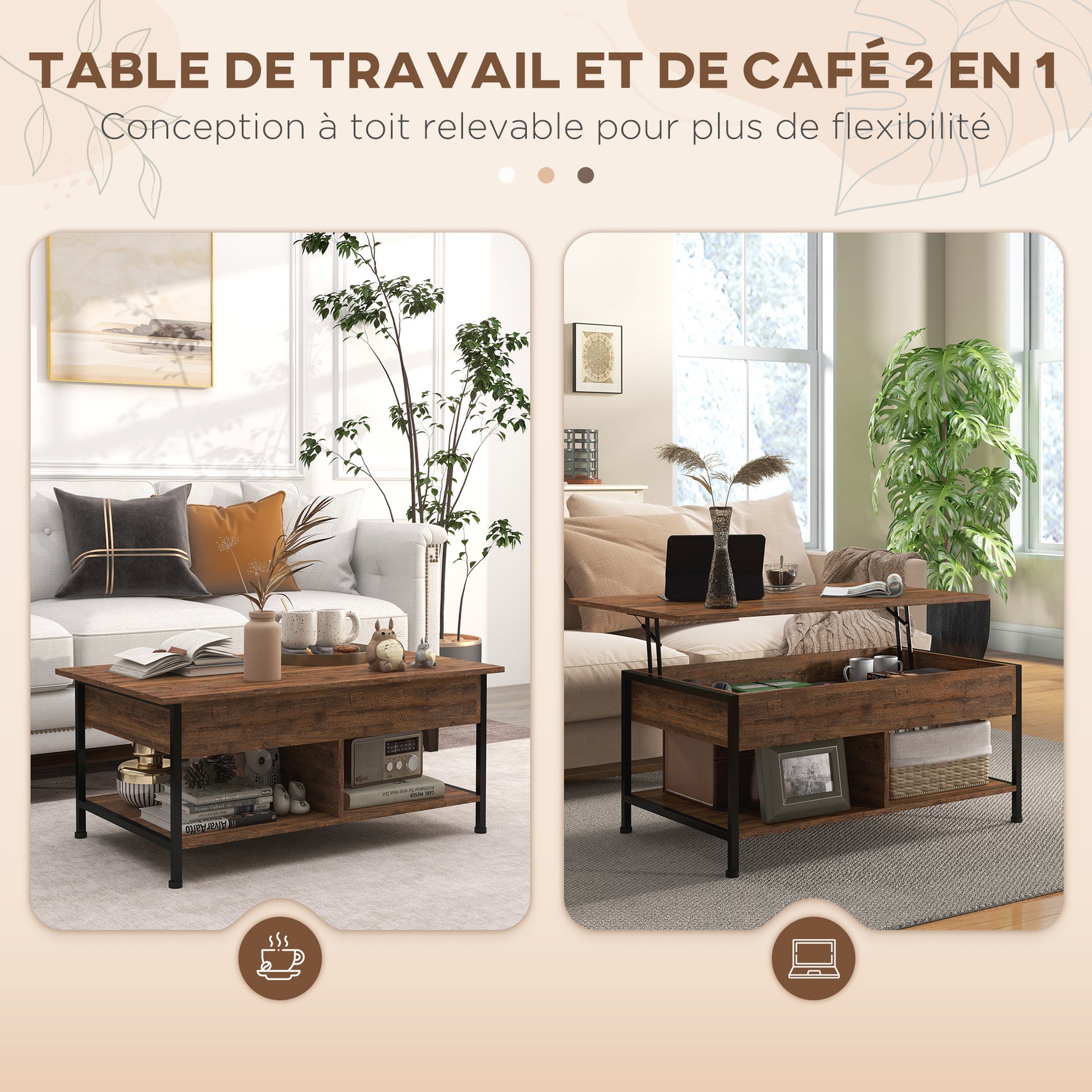 Table basse relevable table de salon compartiment caché 2 étagères inférieures 100 x 80 x 60 cm marron rustique noir