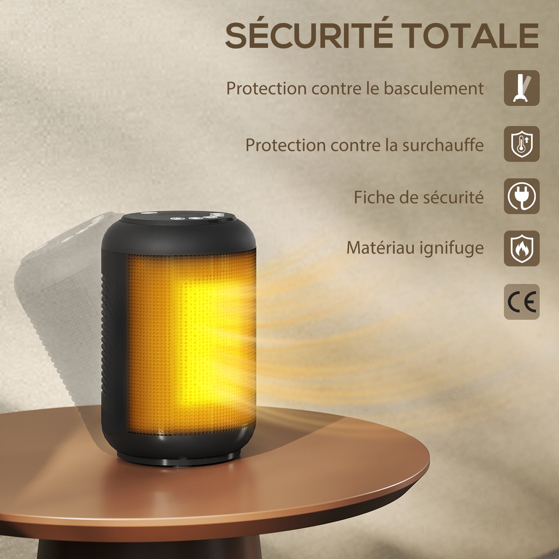 Chauffage d'appoint céramique PTC, radiateur électrique soufflant 1500 W, thermostat réglable, 14 x 14 x 21,5 cm, noir
