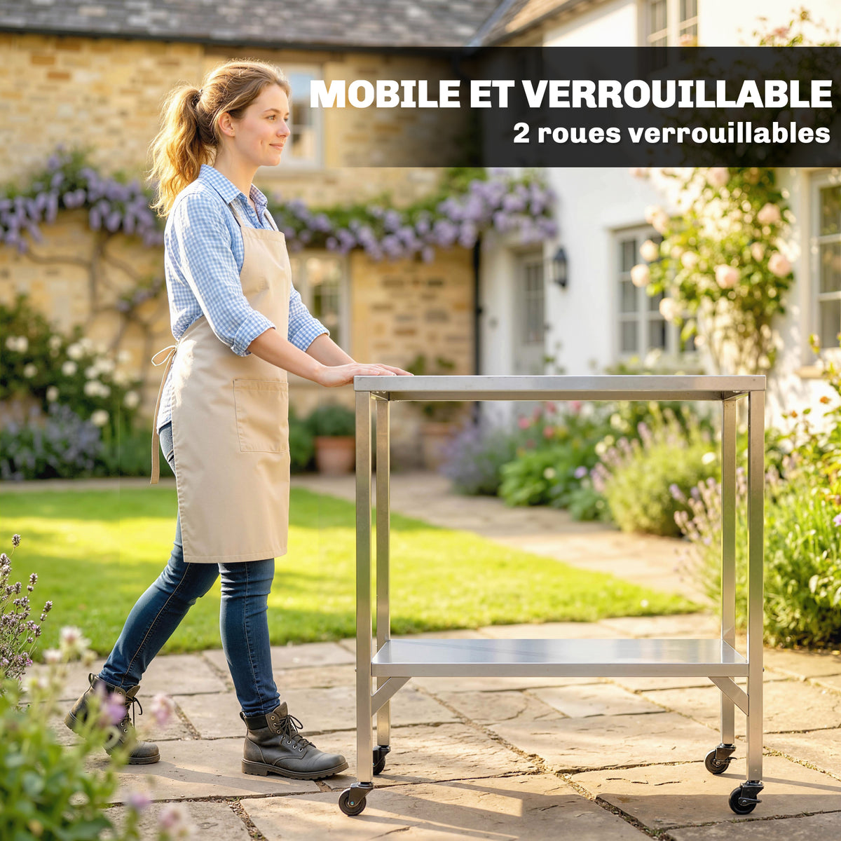 Chariot de Barbecue Table de Préparation Extérieur avec Plan de Travail et Roulettes Acier Inoxydable 85x60x92cm Argenté