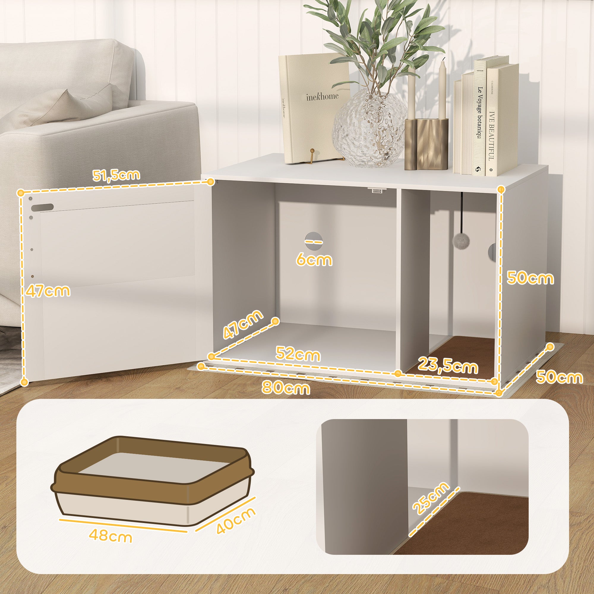 Maison de toilette chat meuble litière pour chat tapis griffoir porte avec poignées style bohème 80 x 50 x 50 cm blanc