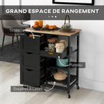 Chariot desserte de cuisine à roulettes plan de travail en bois 3 tiroirs et 1 plateau amovible 67 x 37 x 85,5 cm noir