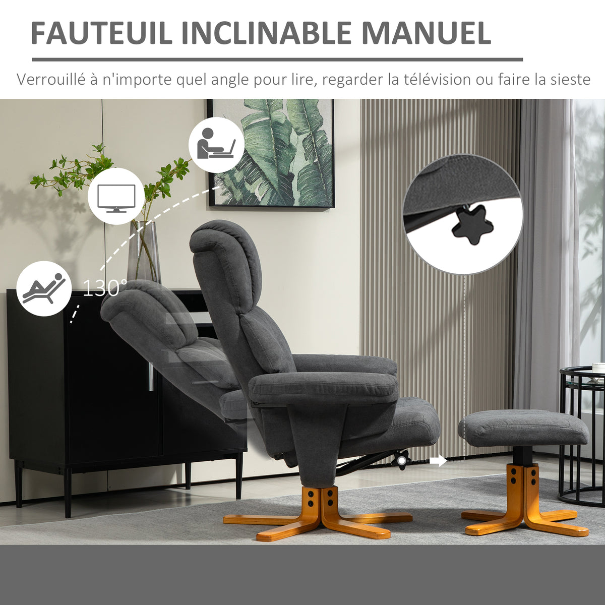 Fauteuil relax avec repose-pied, fauteuil de relaxation, dossier inclinable, assise rembourrée, 79x80x104cm, gris foncé