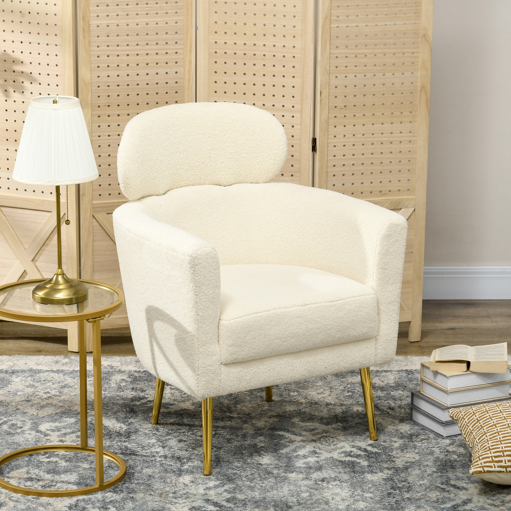 Fauteuil salon avec appuie-tête amovible, fauteuil crapaud en peluche teddy, pieds en métal, 71 x 65 x 90 cm, crème