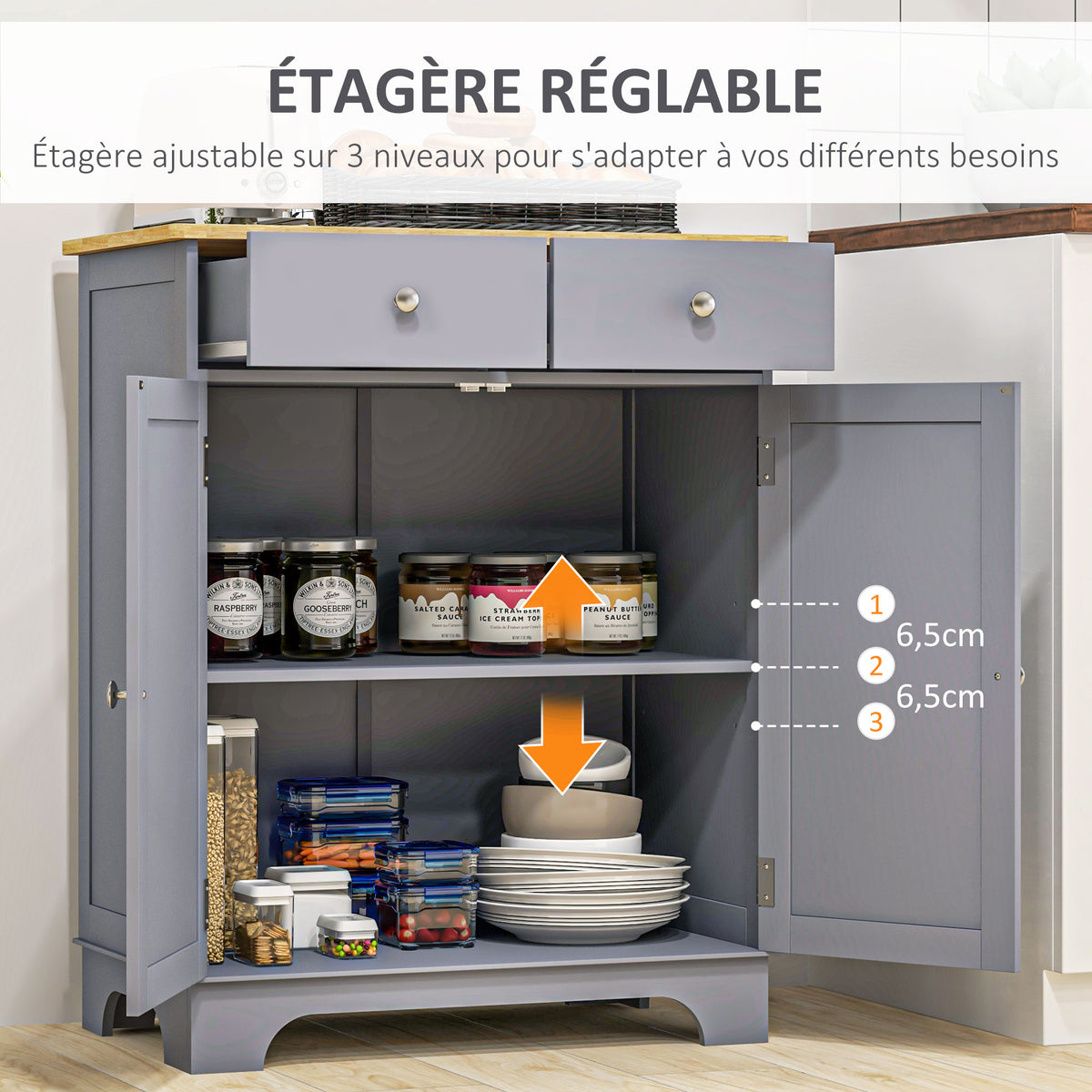 Opbergmeubel dressoir woonkamer met kasten, 2 lades en verstelbare planken, 68x40,3x85cm, grijs en naturel hout