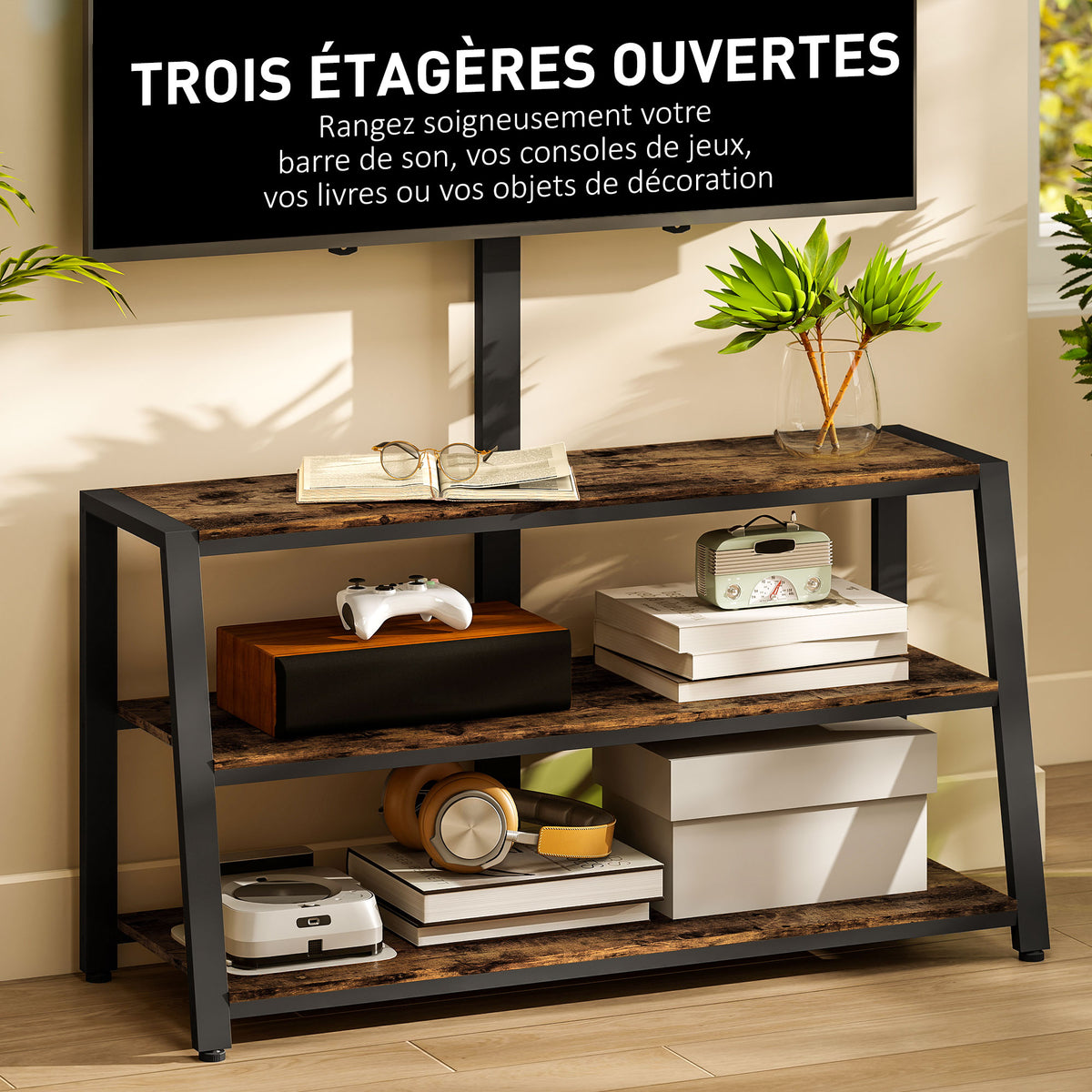 Meuble TV avec support pour téléviseurs de 32-70 pouces, étagères ouvertes, angle ajustable 35°, 108x41x135cm, marron