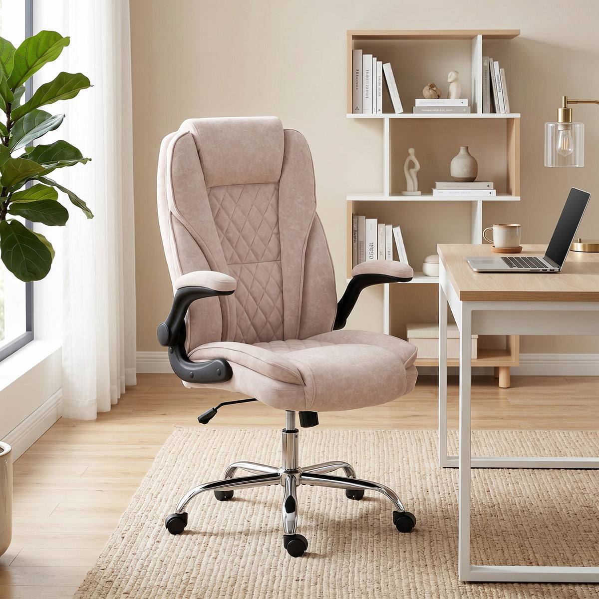 Fauteuil de bureau, chaise bureau ergonomique, hauteur réglable, accoudoirs relevables, 70 x 70 x 114-122 cm, rose