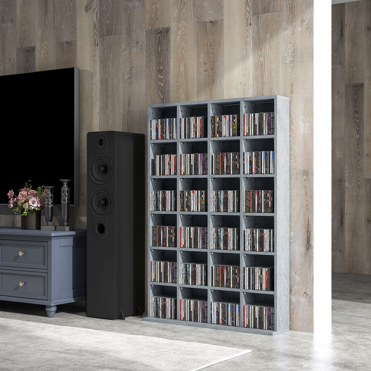 Multimedia-Aufbewahrungsmöbel für 456 CDs / 336 DVDs – Holzregal mit verstellbaren Einlegeböden, 89 x 130,5 cm, grau