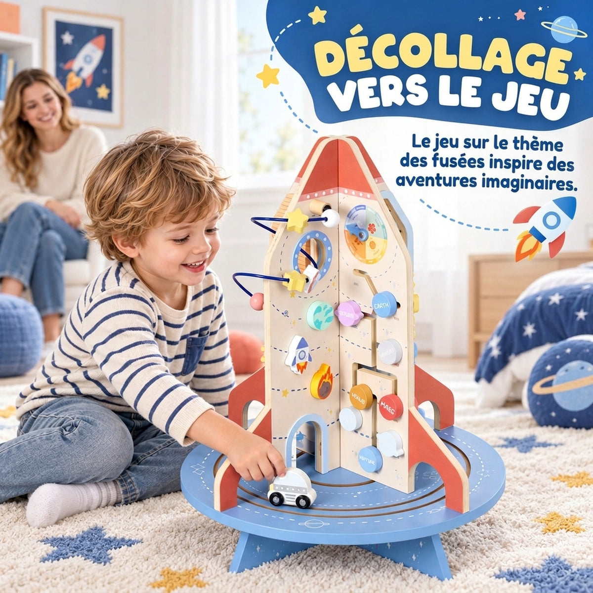 Rocket-Themed Wooden Activity Cube, Educational Cube with Shape Sorter and Bead Maze, for Ages 2 to 6