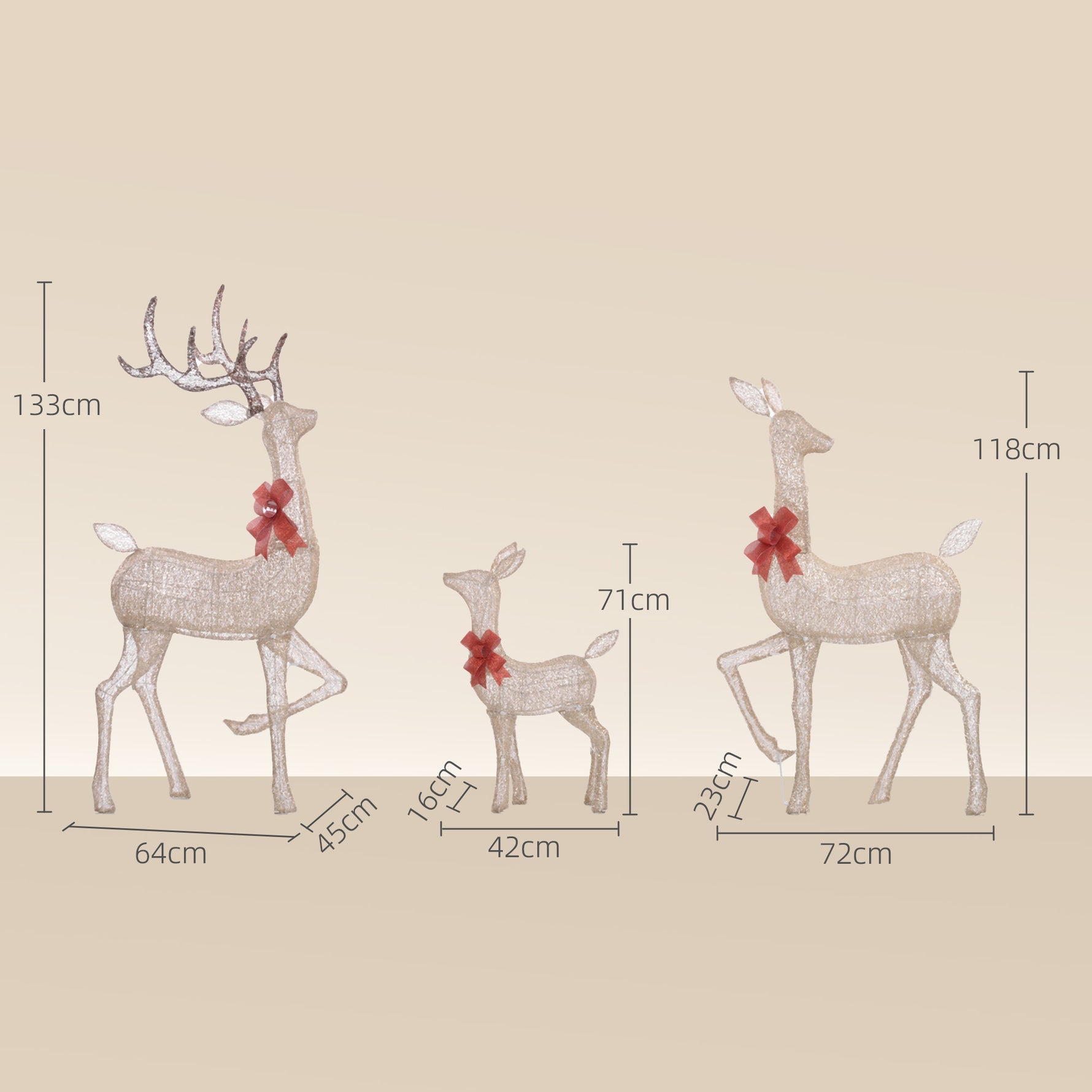 3 cerfs lumineux Noël, en forme de famille de cerfs, rennes lumineux Noël, en acier, 283 LED blanc chaud, or