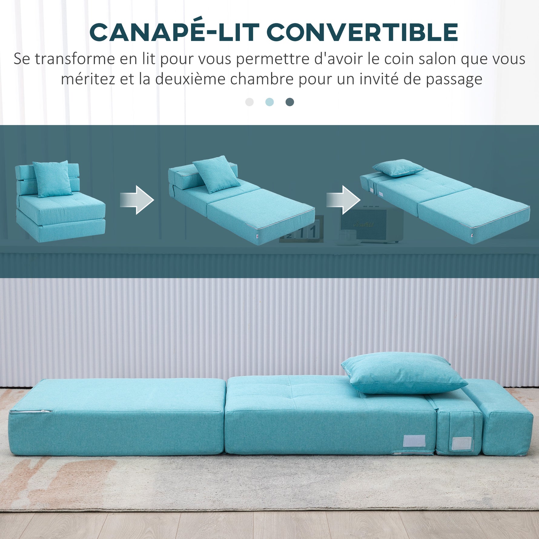Chauffeuse canapé-lit convertible fauteuil 1 place avec 1 coussin déhoussable, tissu bleu