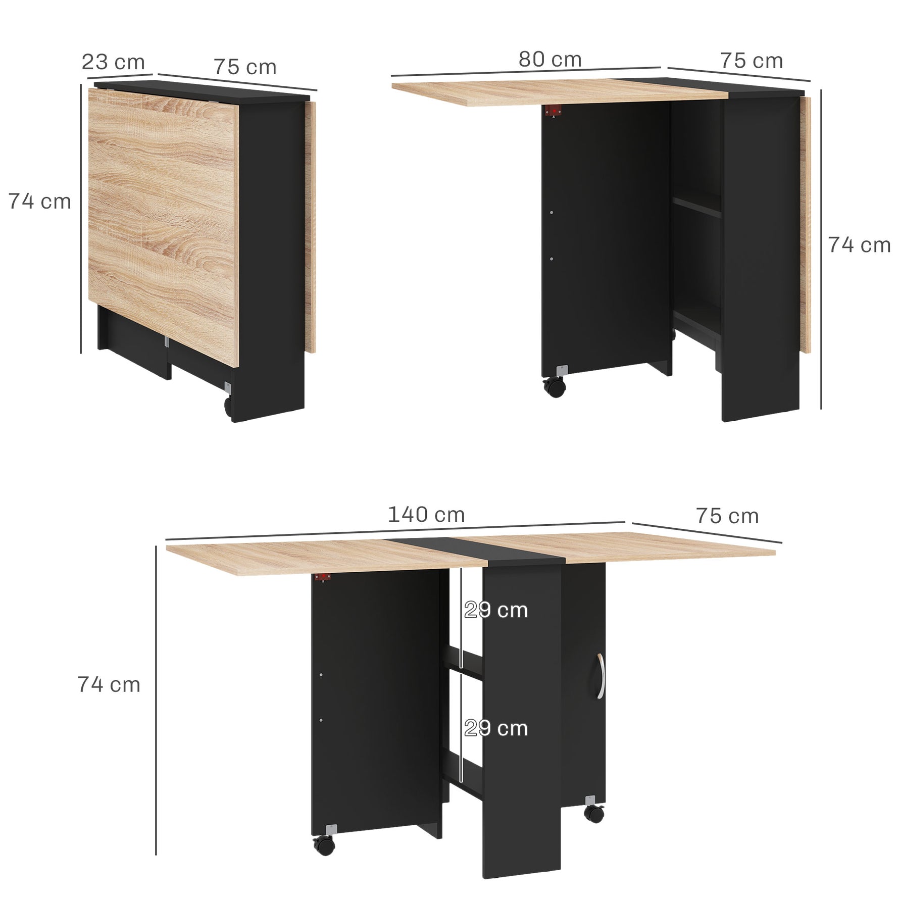 Table pliante de cuisine salle à manger amovible sur roulettes 75 x 140 x 74 cm coloris chêne et noir