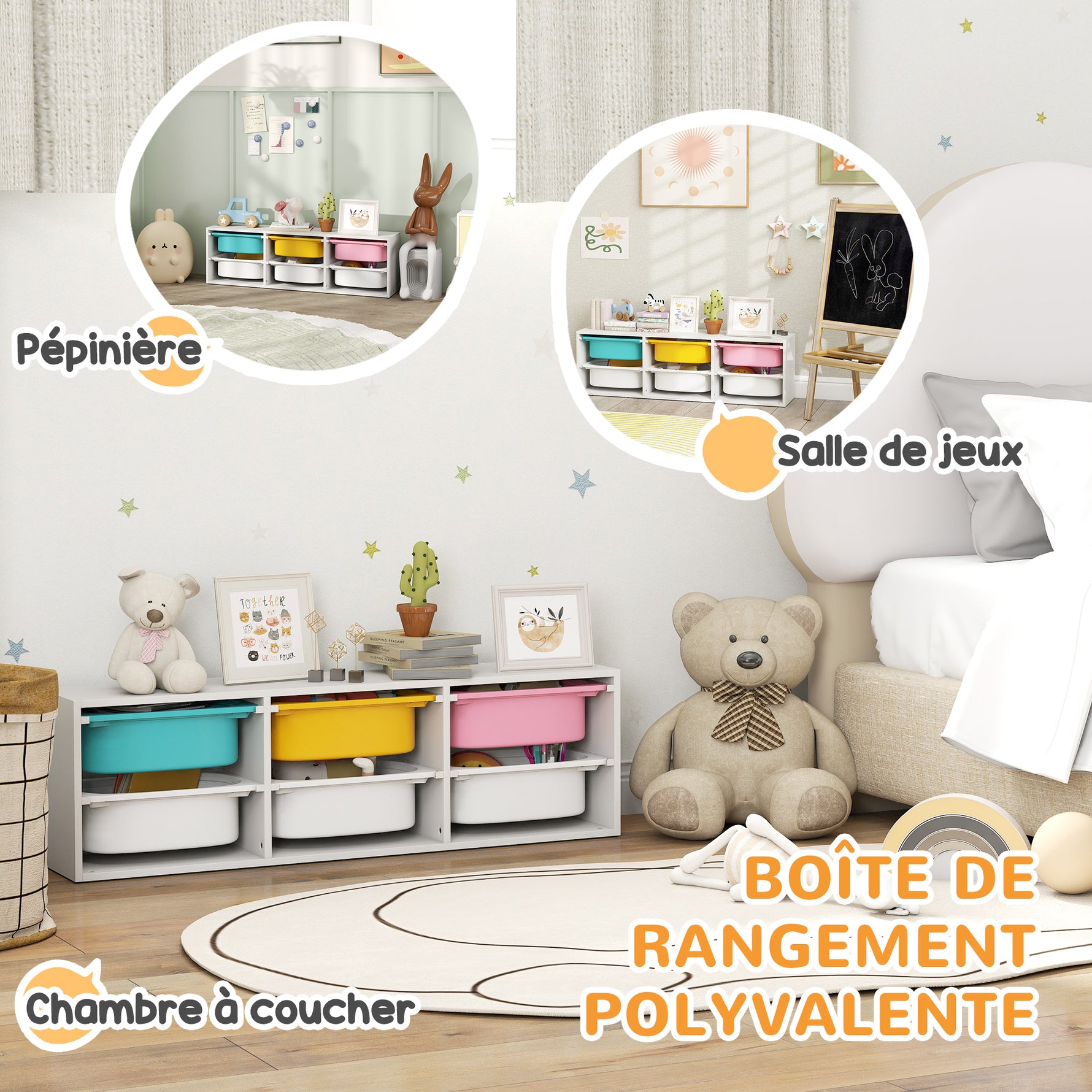 Meuble rangement enfant à 2 niveaux, étagère de rangement pour jouets enfants avec 6 bacs amovibles, 97x21x29cm, blanc